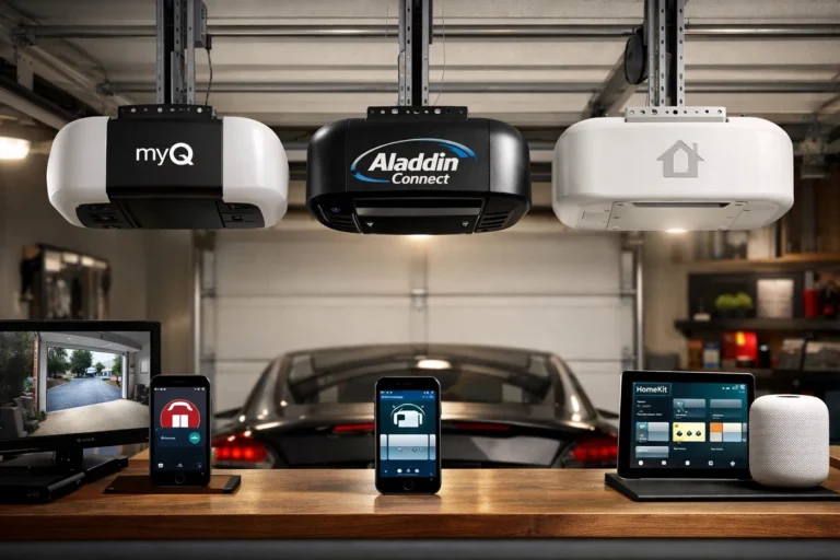 Three smart garage door opener controllers side by side on a clean workbench: LiftMaster MyQ, Genie Aladdin Connect, and a HomeKit-compatible unit